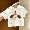 Verão 2026 Novo Estilo Desenho Animado Fashion Menina Infantil Fofo Estampa de Cachorrinho Camiseta de Manga Curta Top
