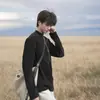 Camiseta de manga larga para hombre, de algodón puro de peso pesado, cuello medio alto, estilo nuevo primavera y otoño, holgada, a la moda, moderna, versátil, prenda básica