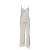 Pijama Nuevo de Estilo Europeo y Americano de Seda Helada con Incrustaciones de Encaje, Conjunto de Dos Piezas de Camisola y Pantalón Largo, Ropa de Casa Fresca y Cómoda para Mujer
