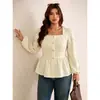 Blusa francesa cuadrada de talla grande europea y americana para mujer con botones metálicos de una fila, dobladillo con volantes, entallada a la cintura, mangas largas abullonadas y corte corto.