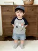 Conjunto Fresco de Verano para Niños y Niñas, Bebés y Niños Pequeños, Estampado de Bloques de Color Dibujos Animados Manga Corta Versátil Moda Jeans y Pantalones Casuales