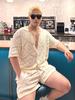Cardigan de malha com recortes American Tough Guy, masculino, solto, manga curta, lapela, camiseta polo transparente de malha