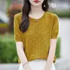 Verão Novo Estilo Algodão Gola Redonda Tricô Manga Curta Camiseta Texturizada Recortada Cor Lisa Casual Tops Femininos Atacado