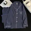 Pijama de algodón nube de lujo ligero para hombre, conjunto de ropa de casa fina a rayas de manga larga y pantalón largo para primavera y otoño, para jóvenes