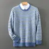 Otoño e Invierno Nuevo Suéter de Lana Tejido Casual Holgado a Rayas de Moda con Cuello Redondo para Hombre Camisa Base Venta al por Mayor