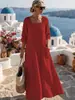 2026 Transfronterizo Amazon Nuevo Color Sólido Casual Holgado Cuello Cuadrado Encaje Empalmado Manga Tres Cuartos Vestido Falda Larga para Mujer