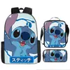 Mochila escolar de tres piezas con diseño de dibujos animados de Stitch, ideal para estudiantes de primaria y secundaria.