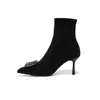 Botas de Cano Curto Femininas Versáteis de Salto Alto, Outono e Inverno, Saltos Finos Pretos, Novo Estilo Outono e Inverno, Elegantes, Botas Slim Elásticas, Bico Fino Personalizado