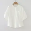 82609 Camisa de Algodón Gasa de Doble Capa con Bolsillo y Cuello Mao de Manga Media para Mujer 2026 Nuevo Top Blusa Casual de Verano