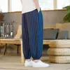 Comercio Exterior Transfronterizo Moda Japonesa y Coreana Pantalones Cortos Sueltos Rayados de Algodón y Lino para Hombre, Transpirables, Anti-arrugas, Pantalones Jogger Harem Retro