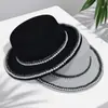 Sombrero de Lana de Ala Plana Estilo Socialité Francés con Perlas, Sombrero Elegante Europeo y Americano, Sombrero de Jazz para Fotografía de Viajes de Celebridades de Internet, Versátil 7 Autooperado
