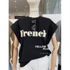Camiseta feminina de manga curta com estampa de letras, ombro caído e corte relaxado, casual, de comércio exterior, comprimento médio