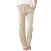 Pantalones Largos Casuales Holgados de Pierna Ancha con Cordón de Color Sólido de Algodón y Lino para Mujer Estación Independiente Pantalones de Pierna Ancha de Comercio Exterior