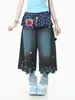 Shorts de mezclilla casuales American retro con bordado de gato de dibujos animados para mujer, talla grande, lavado desgastado, pierna ancha suelta, cropped