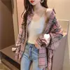 Camisa de cuadros delgada para mujer, estilo diseñador, manga larga, estilo retro de Hong Kong, estilo minimalista, camisa