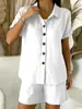 2026 Verano Independiente Transfronterizo Europeo y Americano Sitio Web Amazon Nuevo Casual Botón Algodón y Lino Conjunto de Camisa de Manga Corta para Mujer