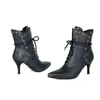 Botas femininas Martin de bico fino para outono e inverno, com solado de borracha, cadarço, cor sólida versátil, novo modelo de salto alto baixo