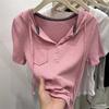Playera de Manga Corta para Mujer Verano Nueva Estilo Coreano Letra Cinta Sudadera con Capucha Rayas de Foso Playera Casual Blanca Ajustada Top para Mujer