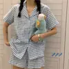 Sudeste Asiático Sudeste Asiático transfronteiriço Azul simples verão manga curta shorts pijama Conjunto de roupas para casa feminino