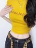 Camiseta Amarela com Letras de Strass para Mulheres, Estilo Pure Desire, Garota Picante, Manga Curta, Top Cropped Slim Fit Novo de Verão