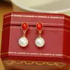 Pendientes Retro de Ágata Roja Natural para Mujer, Lujo Ligero, Modernos, Simples y Elegantes Pendientes de Perla