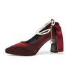 8066-7 Temperamento Gamuza Francesa Punta Tacón Grueso Lazo Perla Plataforma Zapatos de Tacón Alto para Mujer