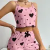 Estações no Exterior Mais Vendidos Roupas de Casa Europeias e Americanas para Mulheres Estampa de Coração Alça Fina Casaco Casual Pijama Conjunto Feminino