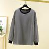 Suéter de lana de longitud media para mujer de otoño e invierno, holgado, de cuello redondo, manga larga, camiseta a rayas, con forro polar, grueso, camiseta básica de talla grande