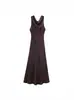 Estilo Europeo y Americano Sexy Vestido Midi Sin Mangas con Cuello Oscilante de Satén de Seda Cintura Adelgazante Elegante Falda Larga 9797987