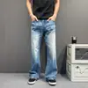 Jeans Azuis Americanos Retrô Lavados Fluidos Desfiados Moda para o Dia a Dia Modelagem Solta Casual Calças de Perna Reta Estilo Moderno Masculino
