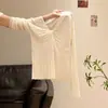 Suéter de punto de cuello en V estilo francés retorcido de manga larga para mujer, suéter acanalado de otoño ajustado, capa interior adelgazante con diseño de fruncido en la cintura 13429