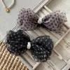 Pinza de plátano con lazo de lunares de organza con perlas, pasador elegante para cola de caballo, pinza grande para recogidos, accesorio para el cabello versátil para mujeres
