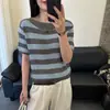 Camiseta de punto de manga corta con escote de una línea y diseño calado para mujer, nuevo diseño de verano con estilo minimalista, corte holgado, tacto de alta gama, top fino