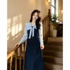 Conjunto de dos piezas elegante para mujer de talla grande, estilo francés, para principios de otoño, adelgazante, vestido largo con diseño de retazos para mujeres con un poco de sobrepeso