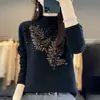 Camisa base de tricô com gola semimang alta, padrão de folhas com strass, veludo Andy, para mulheres, atacado do fabricante, elegante e versátil, novo suéter de outono e inverno
