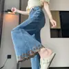Jeans bordado tridimensional estilo chinês para mulheres 2026 primavera e outono petite cropped bordado wide-leg renda flare calças para mulheres