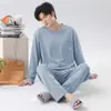 Pijama de hombre para primavera y otoño, algodón puro, cuello redondo, sin botones, talla grande, simple, casual, color liso, se puede usar como ropa exterior, conjunto de loungewear