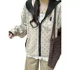 (Huamian Composite) Sudadera Cardigan con Capucha Bordada de Lunares Vintage para Mujer, Nueva Otoño/Invierno Casual de Corte Holgado con Ribete Negro