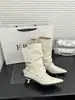 Botas de tornozelo estilo europeu com fivela de metal, afuniladas, bico fino, salto baixo tipo kitten, branco, preto, marrom escuro, versão coreana para adulto
