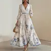 Primavera/Outono 2026 Novo Estilo Transfronteiriço Europeu e Americano Comércio Exterior Roupas Femininas Estampado Decote V Manga Longa Moda Vestido Plissado Saia Longa Feminina