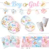 Kit Festa Revelação de Gênero Ursinho Menino ou Menina Azul Rosa Batizado Pratos de Papel Copos de Papel Toalha Balões Decorações