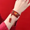 Pulseira de Cinábrio Cinco Vias Deus da Riqueza Ano Zodiacal Pulseira Multicírculo Círculo Liso Areia Roxa Dourada Estilo Bolsa da Sorte Pixiu para Homens e Mulheres