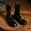 Botas femininas de cano curto, justas, feitas de couro de flor integral, novo estilo outono/inverno, couro genuíno, bico redondo, zíper lateral, salto médio, botinhas femininas