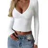 Top Francés de Puro Deseo con Escote en V Profundo y Pliegues, Manga Larga, Estilo Nuevo Otoño Invierno, Adelgazante, Corto, Versátil para el Trabajo Diario, Camiseta Base