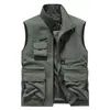 Chaleco nuevo transfronterizo para hombre, chaleco de exterior multi-bolsillo de alta gama con cuello alto, chaleco de color liso, secado rápido, talla grande para hombre