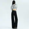 Jeans preto de perna larga para mulheres, nova coleção de outono 2026, tamanho petite, caimento solto, emagrecedor, versátil, perna reta estreita, calças compridas