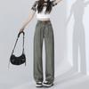 Infantil# Jeans de Pierna Ancha Fino de Tencel Verde Oliva para Mujer Sueltos Adelgazantes Caídos Nicho Versátiles Rectos Modernos