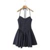 Atacado 2025 Roupas Europeias e Americanas Decote V Halter Listrado Sem Costas Vestido Saia de Suspensório Yy3-7406 Europeu e Americano
