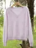 Camiseta base de punto para mujer con mangas raglán, cuello en V simple y versátil, 100% cachemira pura, jersey grueso cepillado
