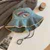 Chapéu de Pescador Jeans Lavado com Borda Desfiada do Gato Kt Desenho Animado para Mulheres, Chapéu de Sol de Aba Larga para Verão com Proteção Solar para Caminhada, Chapéu que Afina o Rosto